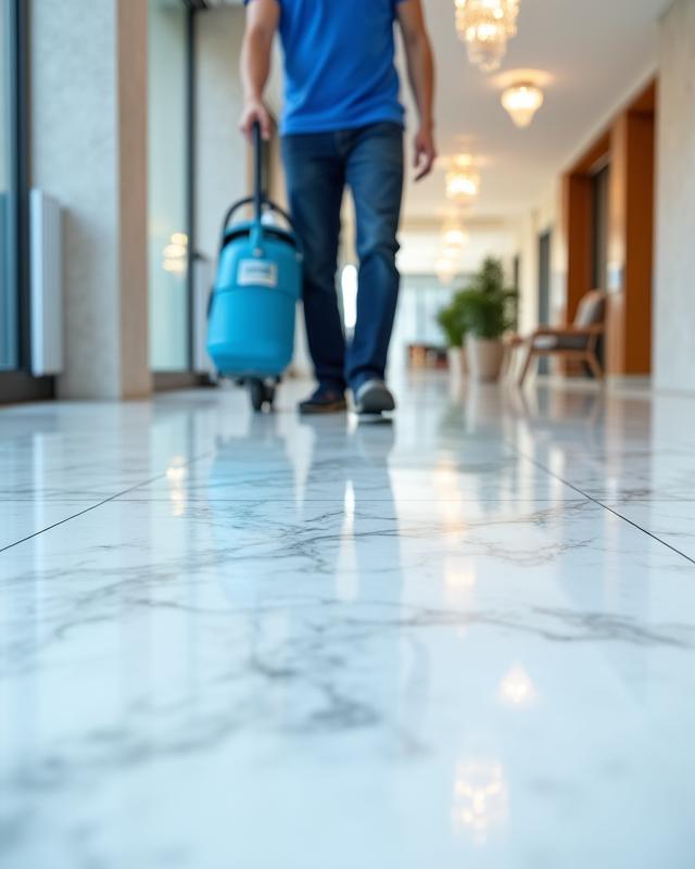 Professional cleaner polishing a modern floor, symbolizing attention to detail.
